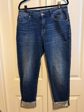 Chico’s Boyfriend Ankle Jeans with Sequin Cuff - Dark Wash Blue